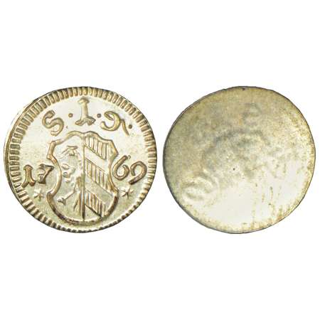 German State-Nurnberg, billion pfennig, 1769, KM 315, 0.25g. Obv: Arms, divides date, valu