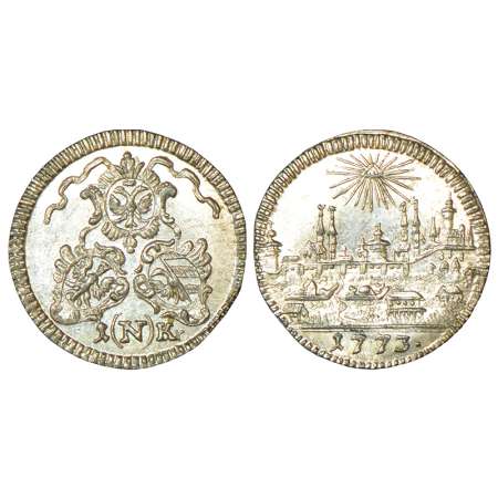 German State-Nurnberg, billion kreuzer, 1773, KM 367, 0.68g. Obv: Garland above 3 ornate s