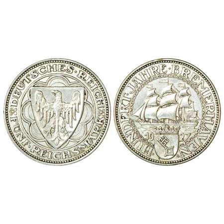 Germany-Weimar Republic, silver 5 Reichsmark (50% silver), AD 1927, 'D' mint-mark, KM 51, 