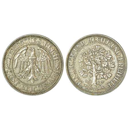 Germany-Weimar Republic, silver 5 Reichsmark (50% silver), AD 1927, 'J' mint-mark, KM 56, 