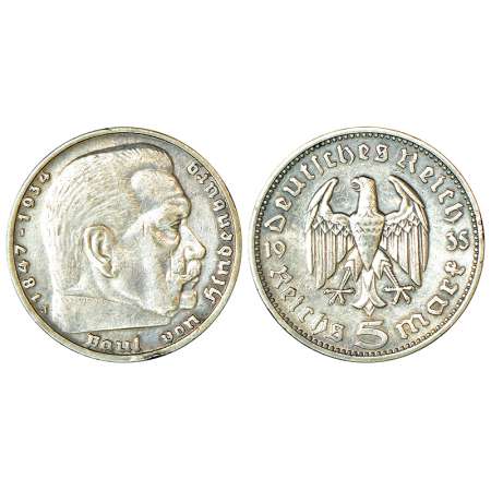 Germany-Third Reich, silver 5 Reichsmark, AD 1935, KM 86, 13.78g. Sub: Hindenburg issue. O