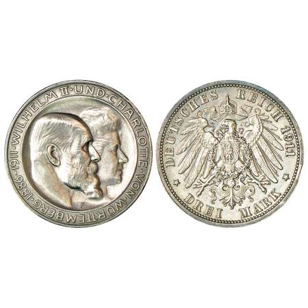 German State-Wurttemberg, Wilhelm II (1891-1918 AD), silver 3 mark, AD 1911, 'F' mint-mark