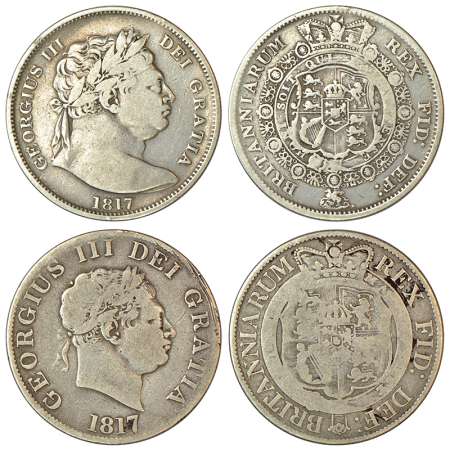 Great Britain, George III, silver ½ crown (2), 1817, KM 667 and KM 672, 13.59g and 13.46g.