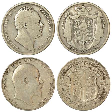 Great Britain, silver ½ crown (2). (A) William IV, 1834, KM 714.2, 13.37g. Obv: Portrait b
