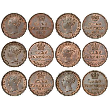 Great Britain, Victoria, copper ½ farthing (6), date 1839, 1842, 1844, 1847, 1851 and 1852