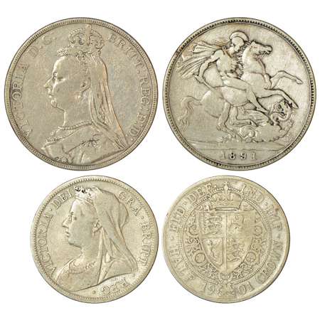 Great Britain, silver coins (2). (A) Victoria, crown, 1891, KM 765, 27.67g. (B) Victoria, 