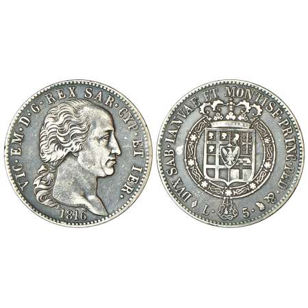 Italian State-Sardinia, Vittorio Emanuele (1849-1878 AD), silver 5 lire, 1816, KM 92, 24.7