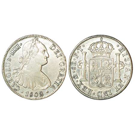 Mexico, Charles IV (1788-1808 AD), silver 8 reales, AD 1802, 'F.T.' mint-mark, KM 109, 26.