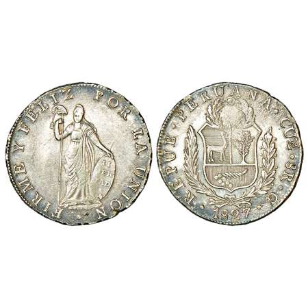 Peru Republic, silver 8 reales, AD 1827, 'G' mint-mark, KM 142.2, 26.97g. Obv: Standing Li