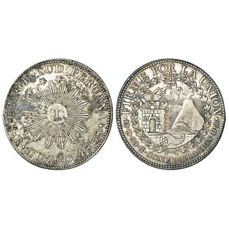 South Peru, silver 8 reales, AD 1838, KM 170.4, 26.51g. Obv: Radiant sun-face, star above.