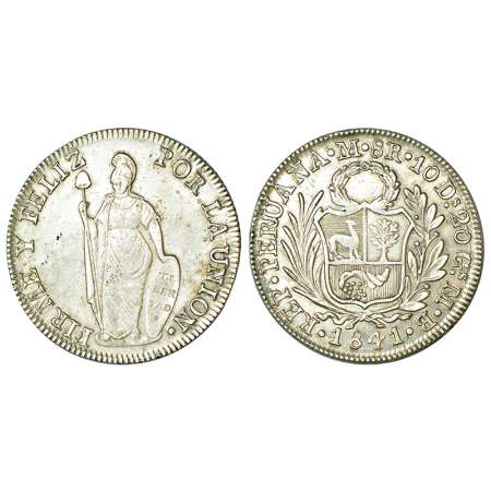 Peru Republic, silver 8 reales, AD 1841, 'M.B.' mint-mark, KM 142.8, 27.02g. Obv: Standing