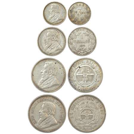 South Africa, set of 4 silver coins, 3 pence, 1893, KM 3, 1.41g; 1 shilling, 1895, KM 5, 5