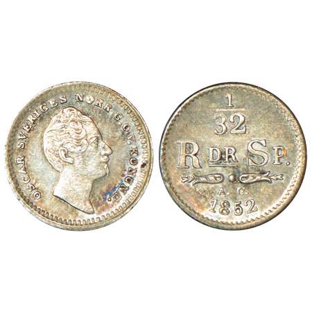Sweden, Oscar I (1844-1859 AD), silver 1/32 riksdaler, 1852, 'AG' mint-mark, KM 681, 1.06g