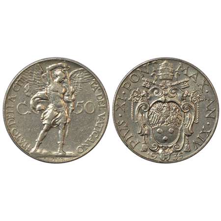 Vatican City, nikel 50 centesimi, 1935, KM 4, 6.06g. Obv: Archangel Michael, divides value