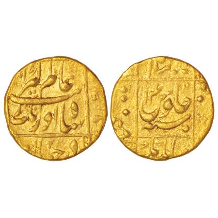 Aurangzeb (1658-1707 AD), gold mohur, Jahangirnagar mint, RY 14, KM 323.1, 10.94g. Obv: Le