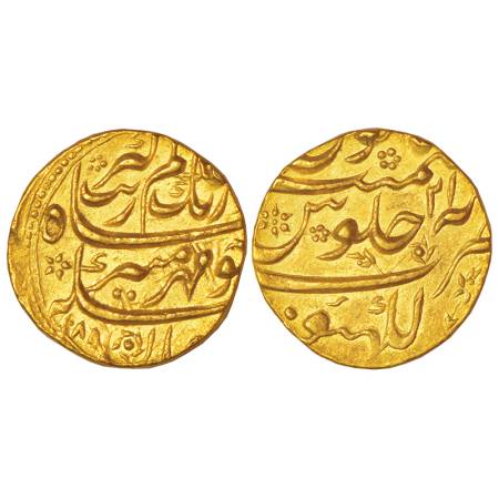 Aurangzeb (1658-1707 AD), gold mohur, Lakhnau mint (fully visible), AH 1089/RY 21, The las