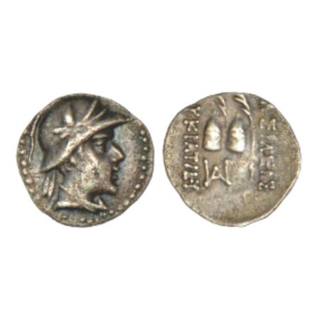 Indo-Greek, Eucratides (170-145 BC), silver obol, BN series 9, 0.65g. Obv: Helmeted bust o