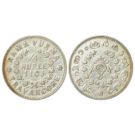 Travancore, Rama Varma VI (1885-1924 AD), silver ¼ rupee, ME 1103, initial R.V. engraved o
