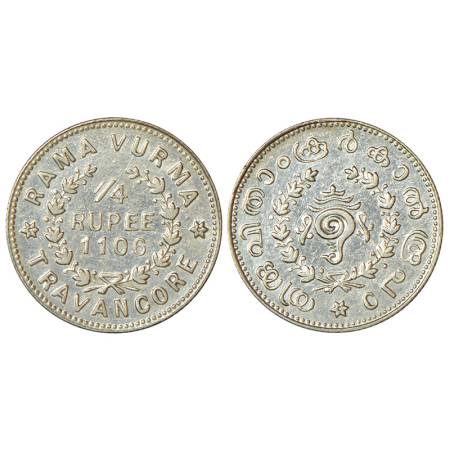 Travancore, Rama Varma VI (1885-1924 AD), silver ¼ rupee, ME 1106, initial R.V. engraved o