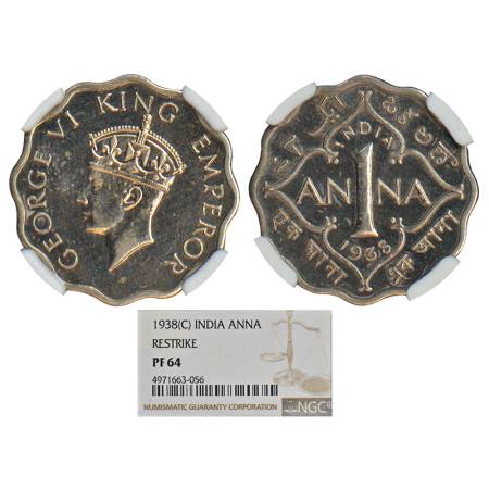 George VI, Proof Re-strike, cupro-nickel 1 anna, 1938, Calcutta mint, head II, S&W 9.145. 