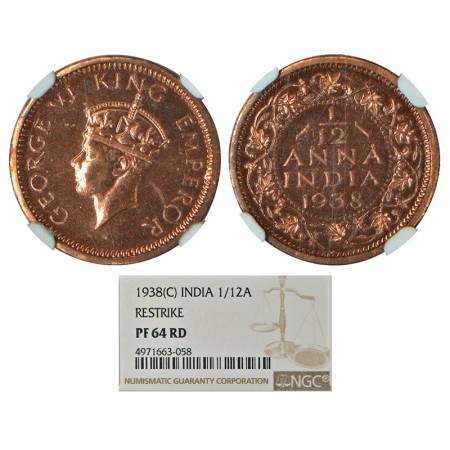 George VI, Proof Re-strike, copper 1/12 anna, 1938, Calcutta mint, head II, S&W 9.266. Gra