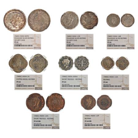 George VI, 1940, set of 8 Proof Re-strike coins, Calcutta mint, head II, all NGC graded as