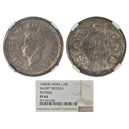 George VI, Proof Re-strike, half silver ¼ rupee, 1940, Bombay mint, head II, short trefoil