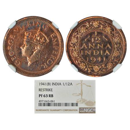 George VI, Proof Re-strike, copper 1/12 anna, 1941, Bombay mint, head II, unlisted in S&W.