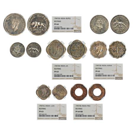 George VI, set of 7 Proof Re-strike coins, 1947, 6x Bombay mint - nickel 1 rupee, S&W 9.38