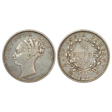 Victoria Queen, continuous legend, silver ¼ rupee, 1840, Calcutta mint, Indian head, 20 be