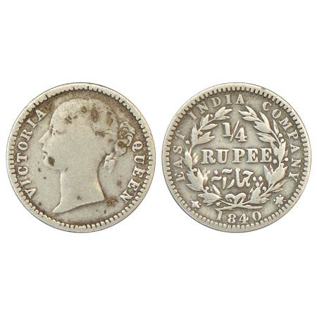 Victoria Queen, divided legend, silver ¼ rupee, 1840, Madras mint, 'W.W.S' raised, 12 berr