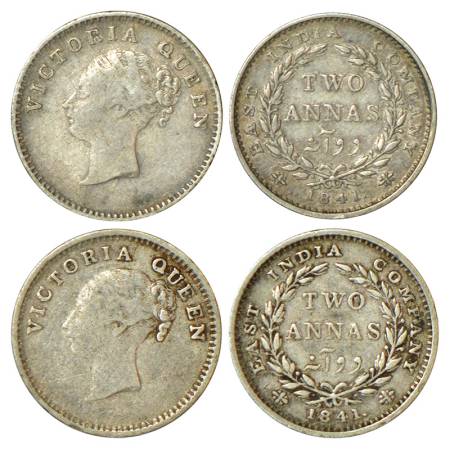 Victoria Queen, continuous legend, silver 2 annas (2), 1841, 1x Calcutta mint, 16 berries,