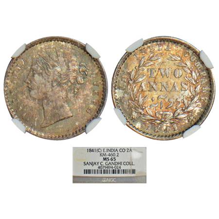 Victoria Queen, divided legend, silver 2 annas, 1841, Calcutta mint, 'W.W.' raised, 9 berr