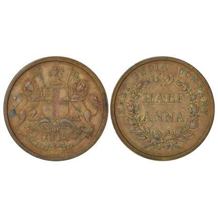East India Company, copper ½ anna, 1845, Calcutta mint, 4 in date without serif; top berry