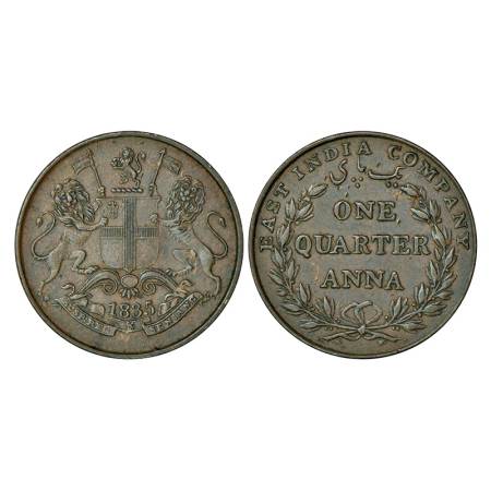 East India Company, copper ¼ anna, 1835, Bombay mint, 30 Berries (15L+15R), large loops to
