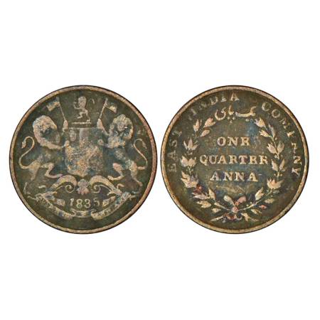 East India Company, copper ¼ anna, 1835, Bombay mint, 17 Berries (8L: 9R), 'Y' of COMPANY 