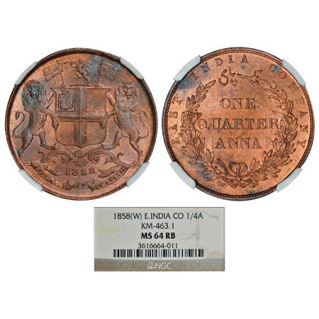 East India Company, copper ¼ anna, 1858, Birmingham mint, single leaf, PR 156; GK 231-232.