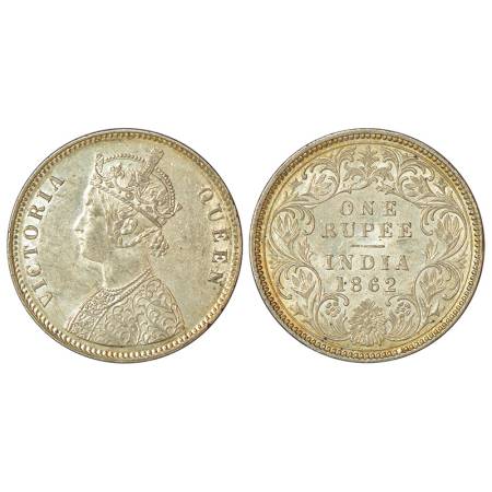 Victoria Queen, silver rupee, 1862, Calcutta mint, A/I/0/0 with crescent, PR 66, GK 255, 1