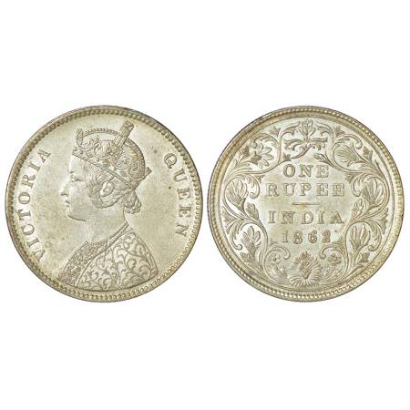Victoria Queen, silver rupee, 1862, Calcutta mint, A/II(b)/0/0, 3 pineapple type, PR 63, 1