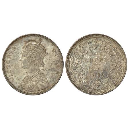 Victoria Queen, silver rupee, 1862, Calcutta mint, A/II/0/0, without initial 'J', PR 64, G