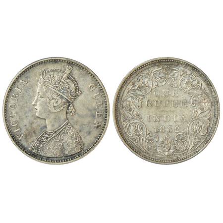 Victoria Queen, silver rupee, 1862, Bombay mint, A/II/0/14, 2 tiny dots below 4th dot and 