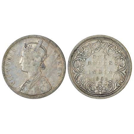 Victoria Queen, silver rupee, 1862, Bombay mint, A/II/1/7, top dot in top flower, PR 91, G