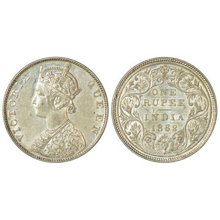 Victoria Queen, silver rupee, 1862, Madras mint, B/II/0/0, elongated pearls on both arches