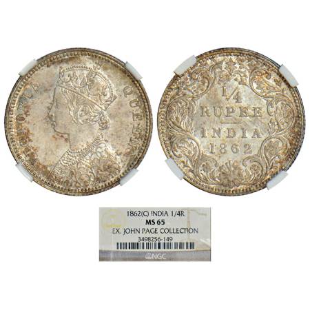 Victoria Queen, silver ¼ rupee, 1862, Calcutta mint, A/I, PR 376, GK 375. Graded as MS 65 
