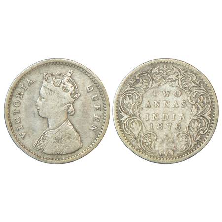 Victoria Queen, silver 2 annas, 1876, Bombay mint, A/I, dot, PR 519, 1.39g. About very fin