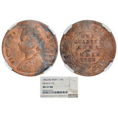 Victoria Queen, copper ¼ anna, 1862, Madras mint, S&W 4.172, PR 604; GK 399. Graded as MS 
