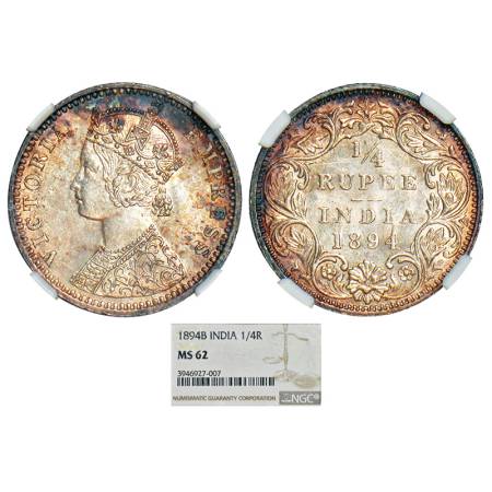 Victoria Empress, silver ¼ rupee, 1894, Bombay mint, C/I/'B' incused, PR 429; GK 726. Grad