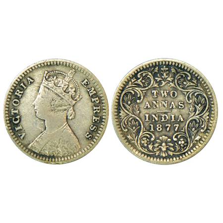 Victoria Empress, silver 2 annas, 1877, Bombay mint, B/II, dot, dot in top flower, S&W 6.3