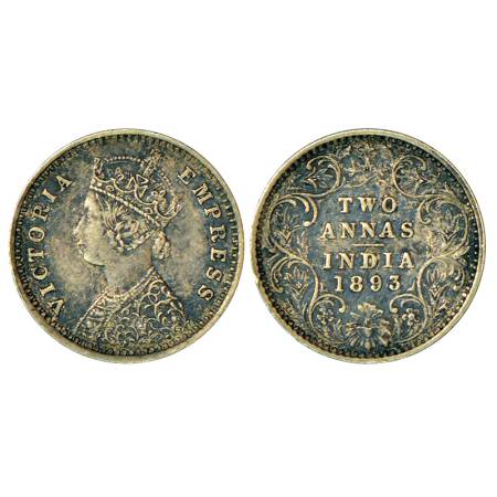 Victoria Empress, silver 2 annas, 1893, Bombay mint, B/II, 'B' incused, 3 struck over 2 in