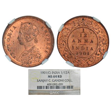 Victoria Empress, copper 1/12 anna, 1901, Calcutta mint, no mm, PR 825; GK 921. Graded as 